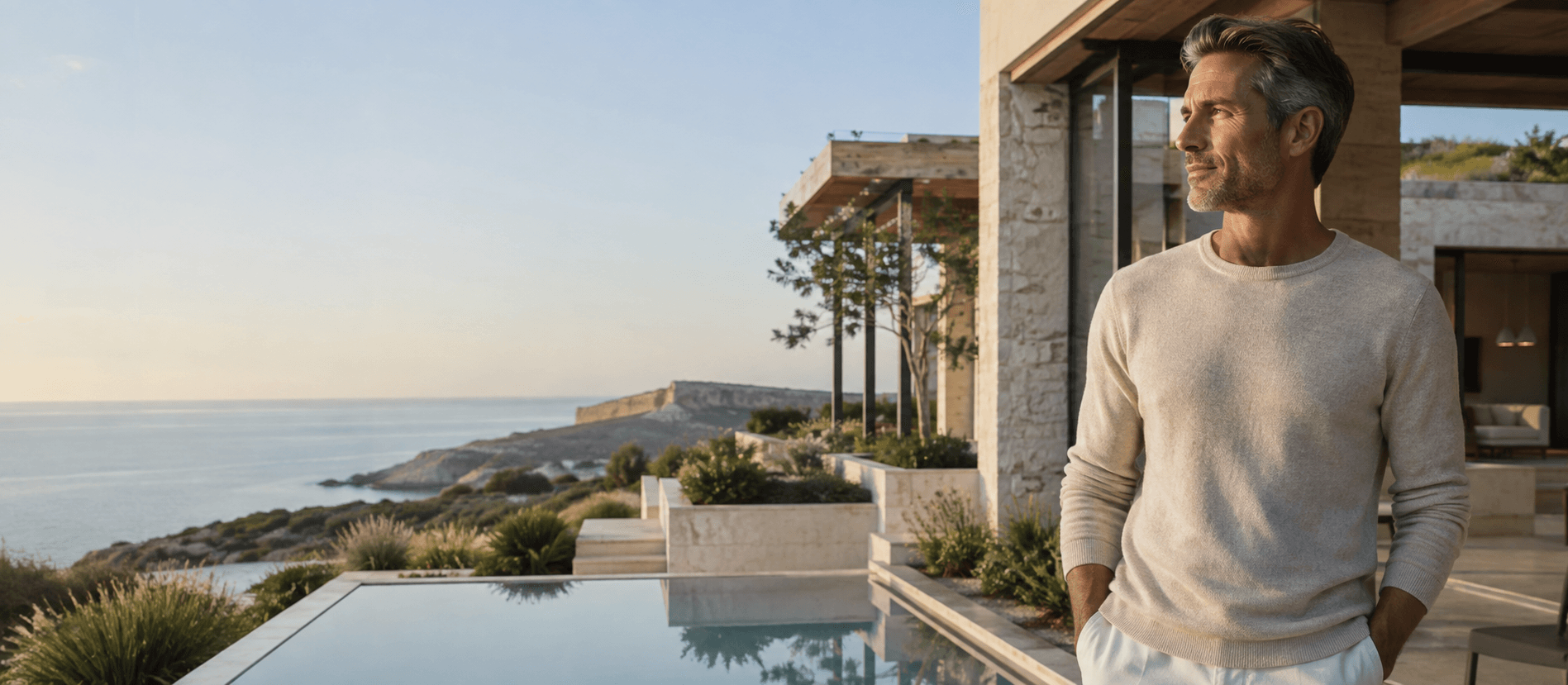 A man standing on a terrace beside an infinity pool, overlooking the ocean from a contemporary stone-and-wood home at sunset.